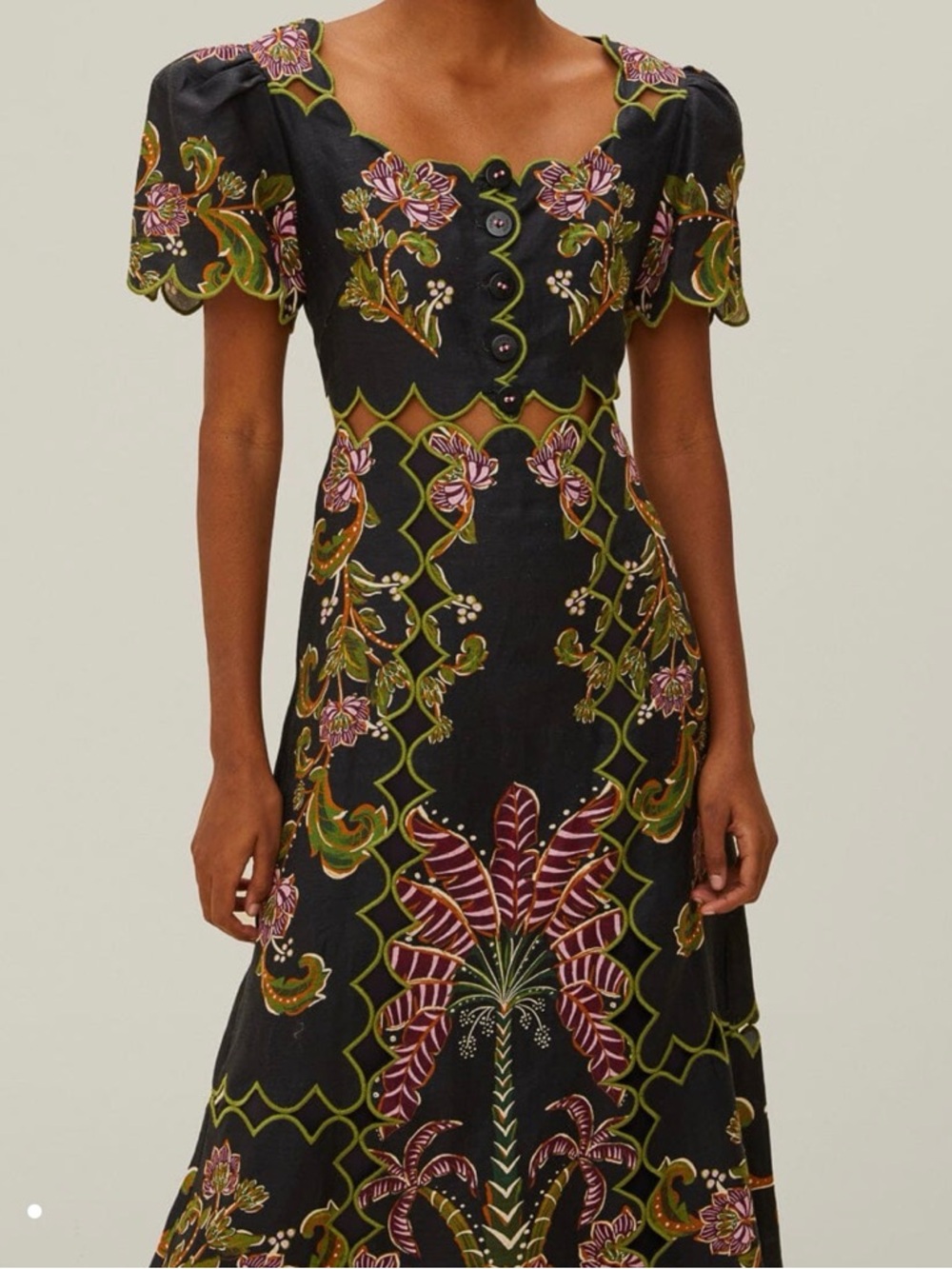 FARM Rio Black Floral Scallop-Neck Maxi Dress